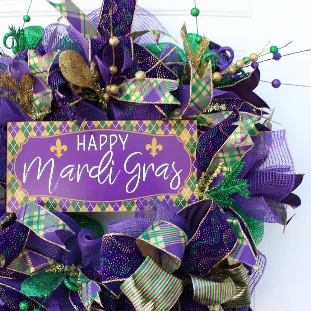 Mardi Gras Wreath for Front Door, Fat Tuesday Decor, Fleur de Lis Decor, Happy M